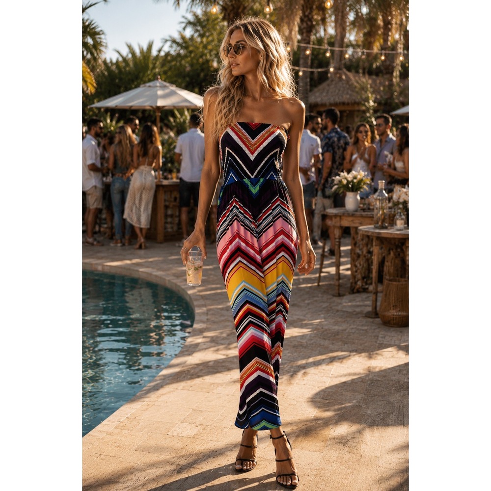 Smocked Strapless Rainbow Chevron Summer Maxi Dress Size M Resort Colorful